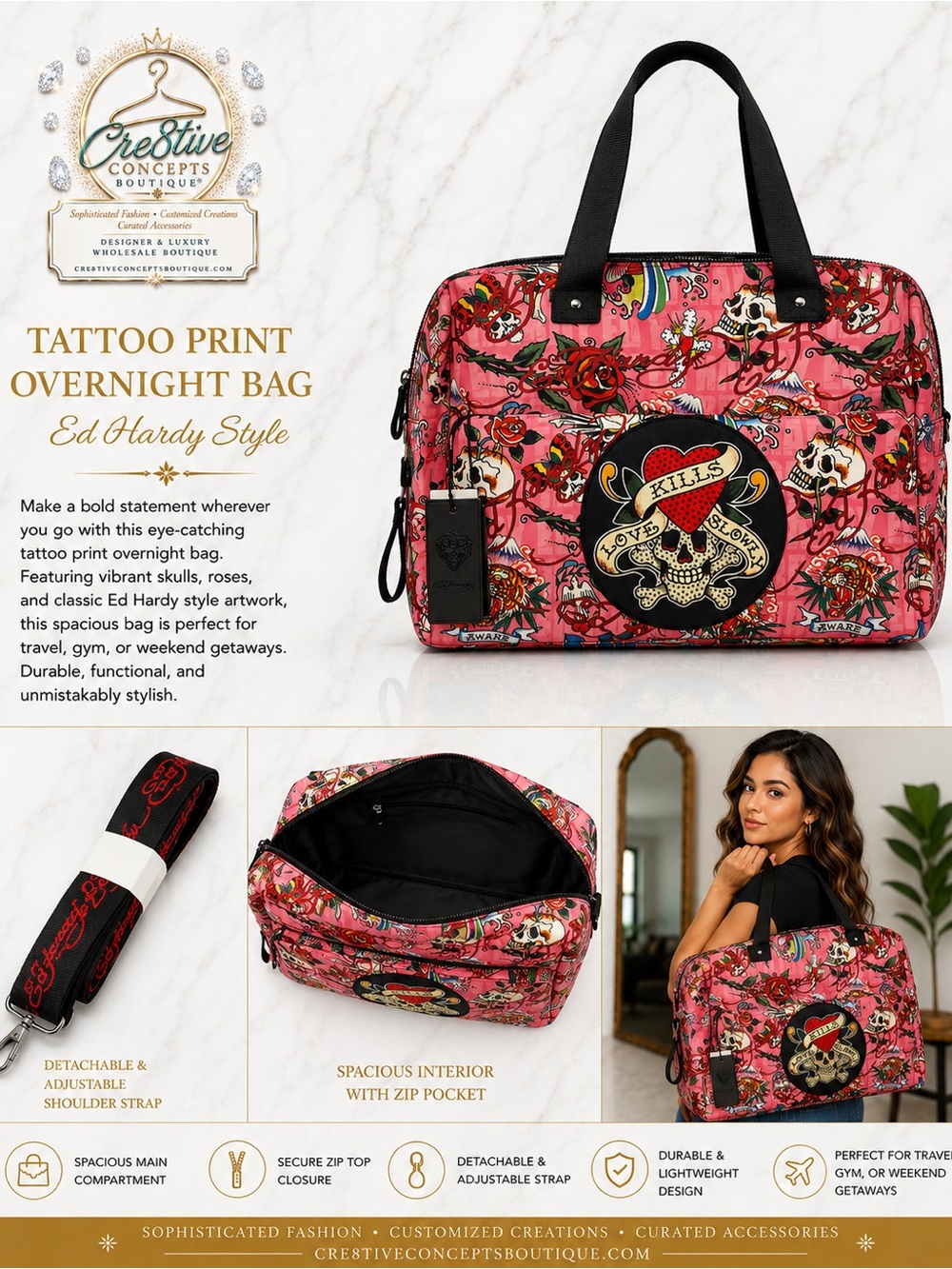 Ed Hardy Limited Edition Pink Tattoo Print Duffel Travel Weekender Bag - Picture 1 of 5